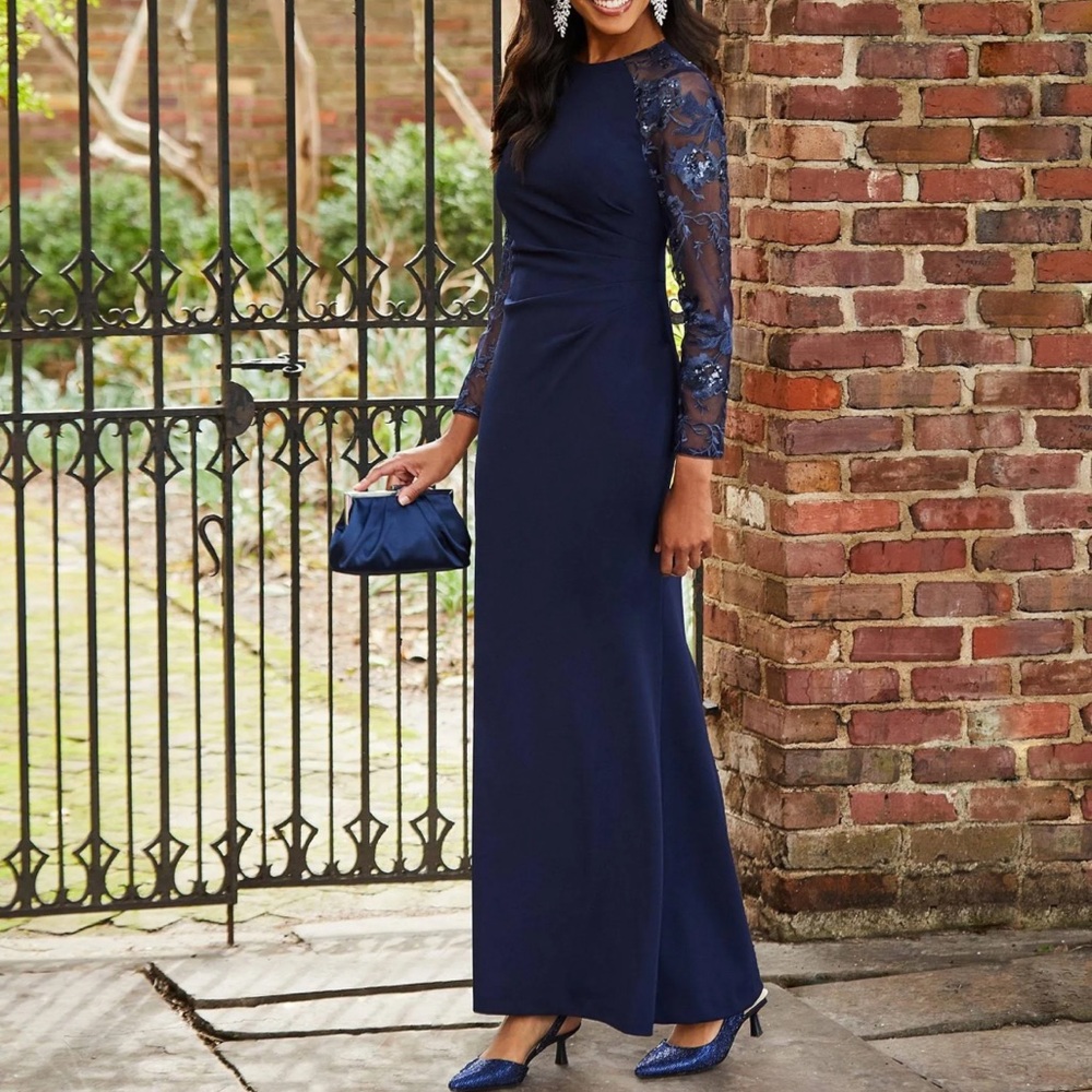 Eliza J Sequin Embroidered Long Sleeve Gown Navy